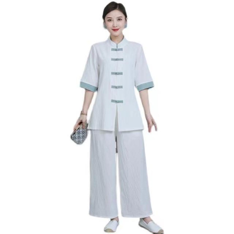 Summer Tea Artist Clothing Zen Women Cotton and Linen Two-Piece Suit Retro  Chinese Style Buddhist Clothes Female (Color : White Suit, Size : Medium)