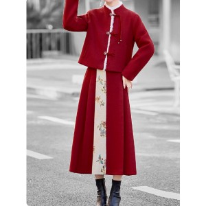 Chinese-Style Red Padded Jacket and Skirt Set with Frog Buttons