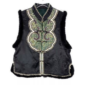 New Chinese-Style Silk Jacquard Embroidered Vest with Mink Fur and Mulberry Silk Patchwork