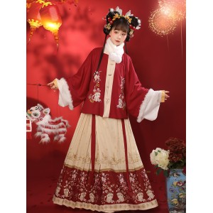 Auspicious Han Suit Women's Ming Dynasty Square Neck Plush Thickened Autumn and Winter Suit