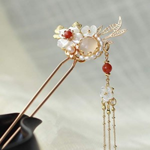 Pearl, Shell, and Crystal Long Tassel Hair Clip Set (Front-facing, Tassel on the Right)