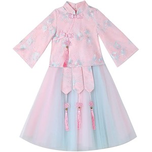 Pink Fairy Hanfu Cheongsam Long Sleeve Embroidered Tang Costume Princess Dress Dance Performance Skirt