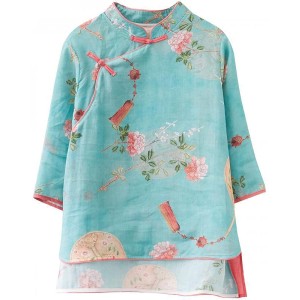 Chinese Vintage Blouse Traditional Print Hanfu Top Summer Elegant Loose Blouse (Green, XL)