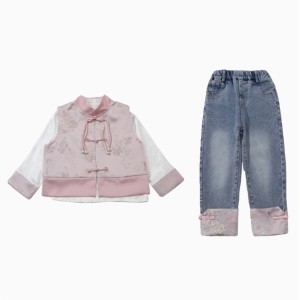 Girls' Spring and Autumn New Chinese Style National Wind Two-Piece Jeans Set