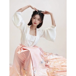 New Chinese Style Hanfu Set – Pink Horse-Face Skirt with Camisole and Shirt