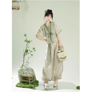 New Chinese-style Lantern Pants, Tang Suit Top, and Strap Sleeveless Fresh Daily Set for Summer