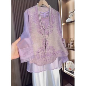 New Chinese-style Jacquard Embroidered Purple Sun Protection Vest and Shirt Set for Women
