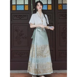 Modern Hanfu Two-Piece Set – Short Sleeve Shirt & Horse-Face Skirt, Elegant Daily Wear