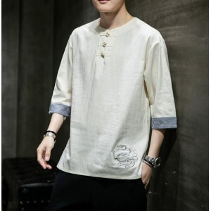 Men's Summer Loose Linen Cotton T-Shirt – Chinese Style Embroidered Tang Suit with 3/4 Sleeves