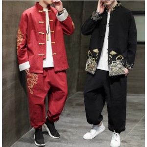 Men's Chinese Style Dragon Embroidery Tang Suit Set – Cotton Linen Zhongshan Performance Outfit