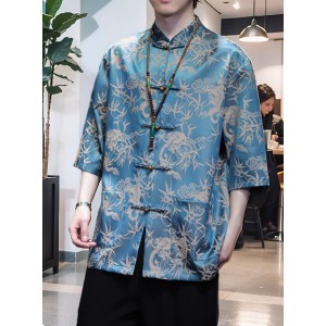 Men's Chinese-style Ice Silk Tang Shirt Summer Thin Short Sleeve Top Improved Hanfu Loose Plus Size