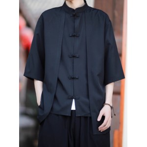 Summer Thin Ice Silk Tang Suit Men's Short Sleeve Shirt Chinese Style Retro Pankou Hanfu
