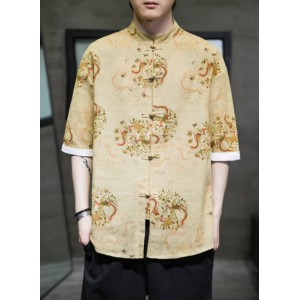 Men's Summer Gold Floral Print Short-Sleeve Shirt, Chinese Style Tang Suit, Hanfu