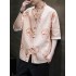 Men's Summer Gold Floral Print Short-Sleeve Shirt, Chinese Style Tang Suit, Hanfu