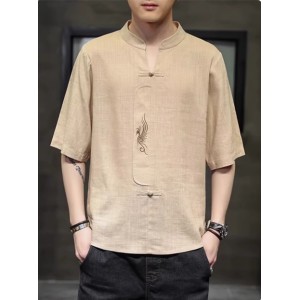 Men’s Linen V-Neck T-Shirt Summer Loose Fit Cotton-Linen Top
