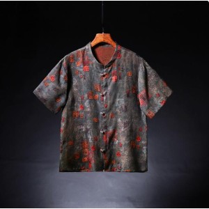 Men’s Silk Chinese Tang Shirt – Short Sleeve, Stand Collar, Printed, Plus Size