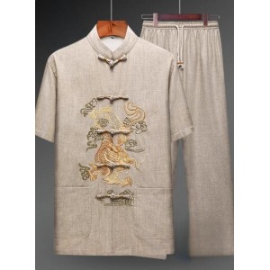 Men’s Summer Lightweight Breathable Linen Short-Sleeve Tang Suit Two-Piece Set