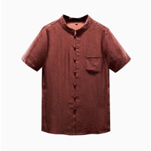 Premium Red Yunsha Mulberry Silk Men's Short Sleeve Stand Collar Tang Jacket Shirt