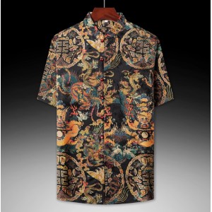 Men’s Mulberry Silk Tang Shirt – Summer Dragon Print Top