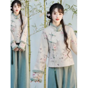 Winter Fleece-Lined Retro Hanfu Set for Women – Tang-Style Top and Wide-Leg Pants