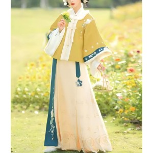 Ming-Style Women's Thickened Fleece Square-Collar Short Jacket with Ma-Mian Skirt Winter Set