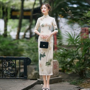 Suede Long Daily Cheongsam Autumn Winter Chinese Style Dress