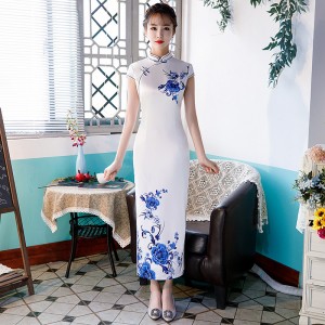 Silk Blue and White Qipao Cheongsam Stylish Chinese Wind Dress Slimming Daily Cheongsam