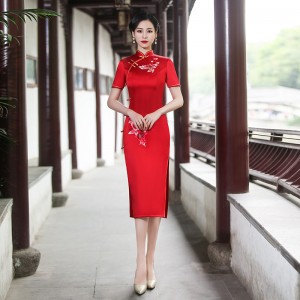 Medium-length Red Cheongsam with Embroidered Flowers, Fashionable Chinese Style Dress for Daily Wear
