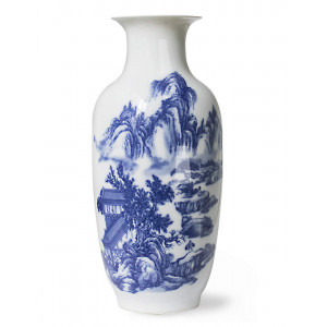 Chinese Blue and White Porcelain Heavenly Mountain Tall Flower Vase, 15 Inches, Rouleau Vase