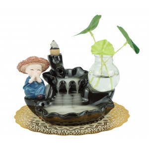 Ceramic Backflow Incense Burner Little Monk with Black Lotus Flower Design Set: Home and Office Decor, 10 Incense Cones Included