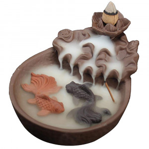 Handmade Ceramic Backflow Incense Burner with Fish Pond Design, Includes 2 Fish and 10 Incense Cones, Size 11 x 6.5 x 15 cm