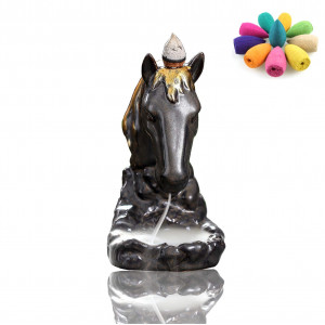 Horse Head Backflow Incense Holders Waterfall Incense Burner Handmade Ceramic Stick Censer Home Decor Gift Decorations Statue and 10 Incense Cones