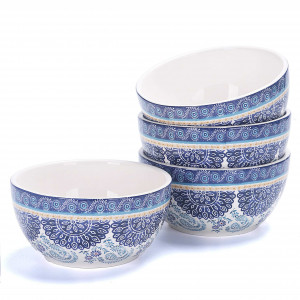 Blue Talavera 26oz Ceramic Cereal Bowls, Set of 4, for Pasta, Salad, Cereal, Soup & Microwave & Dishwasher Safe