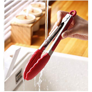Kitchen Tongs of 9 inch - Stainless Steel with Non-Stick Silicone Tips - Non - Stick Tongs for Cooking, BBQ, Grilling, Salad(Red)