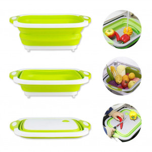 Collapsible Cutting Board with Dish Tub, Space-save Folding Washing Bowl Basket for Camping Picnic BBQ Kitchen