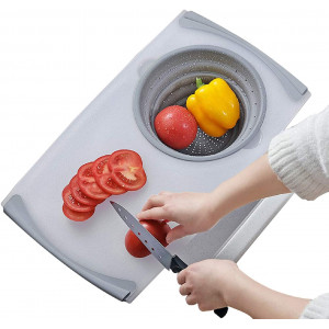 2 in 1 Over The Sink Cutting Board Strainer,Over The Sink Multifunction Kitchen Chopping Board with Retractable Sink Container