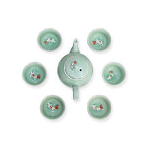 Chinese Kung Fu Tea Set Hand Painted Porcelain(6 Cups with Teapot)-Green Teacups Koi Fish Design