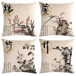 Ink Painting Plum Chrysanthemum Orchid Bamboo Pillow Cover Set (4-Pack, 18 x 18 Inches)