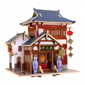 World Style Chinese Style 3D DIY Assembly Wooden Puzzle House Game Miniature Architectural Model Educational Toy (China Tea House Shape)