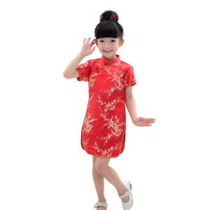Girls Red Chinese Dress with Golden Wintersweet Blossom（4 Yards）