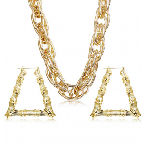 Golden Color Chunky Rope Chain Necklace and Large Hollow Casting Triangle Bamboo Hoop Earrings Set