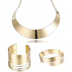 Statement Choker Necklace Open Upper Arm Band and Golden Tone Cuff Bracelets Set for Women Girls