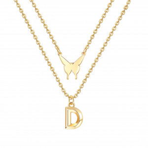 Golden Color Butterfly Letter Pendant Dainty Choker Layered  Necklace for Women Girls Alphabet D