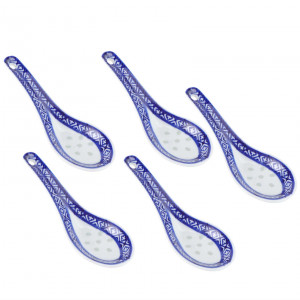 5pcs Porcelain Chinese Knot Blue Floral Soup Spoons Ceramic Spoons for Ramen Wonton Dumpling