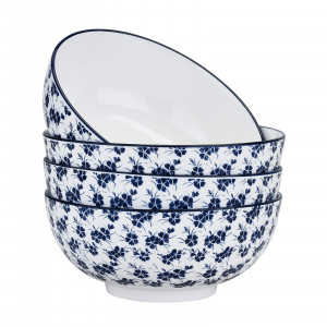 Cereal Bowl Set of 4, White and Blue Printed 8-Inch Bowls