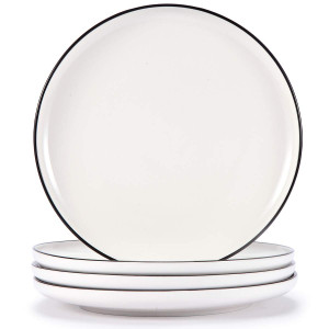 10'' Ceramic Dinner Plates - Porcelain Classic White Lunch Plates with Black Edge - Dining Party Restaurant Round Serving Dish for Steak, Pizza, Salad, Pasta, Pie, Set of 4