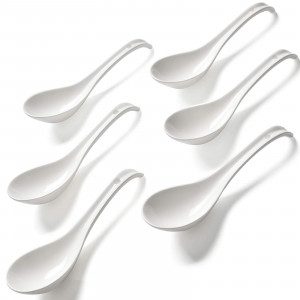 Ceramic Soup Spoons Set of 6, 6.8 inch Large Asian Soup Spoon sets Suitable for Pho, Ramen, noodles, White