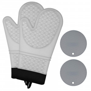 Oven Mitts and Pot Holders Sets, Extra Long Silicone Oven Mitts Heat Resistant, Non-Slip Textured Grip, Prefect for Baking, Cooking, BBQ(Grey)