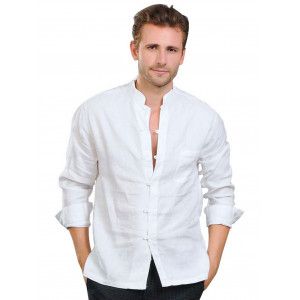 Men's Linen Mandarin Collar Roll-Up Sleeves Casual Buttoned Shirt