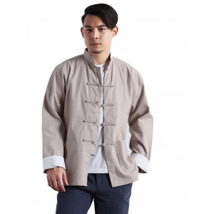Men's Traditional Chinese Linen Cotton Tai Chi Kung Fu Mandarin Collar Frog-Button Shirt
